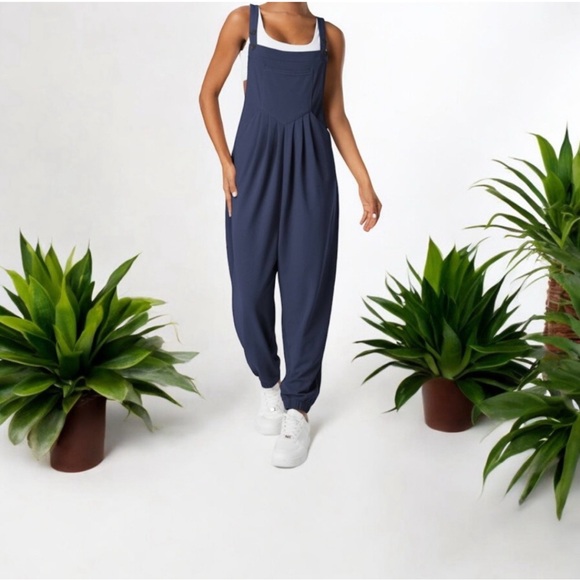 NWT - Halara Navy Pockets Waffle Casual Jogger Overalls - Picture 1 of 6